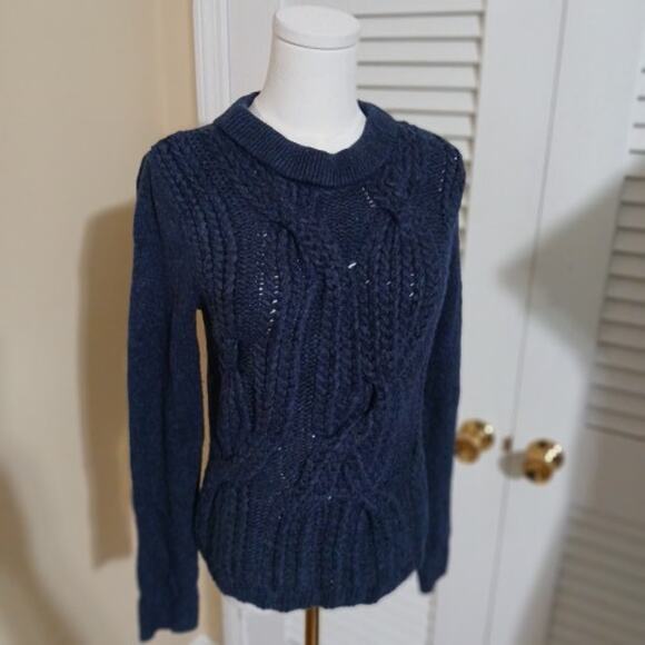 Joan Vass Small Navy Chunky-Cable-Knit Long-Sleeved Sweater Wool Blend - Picture 4 of 14